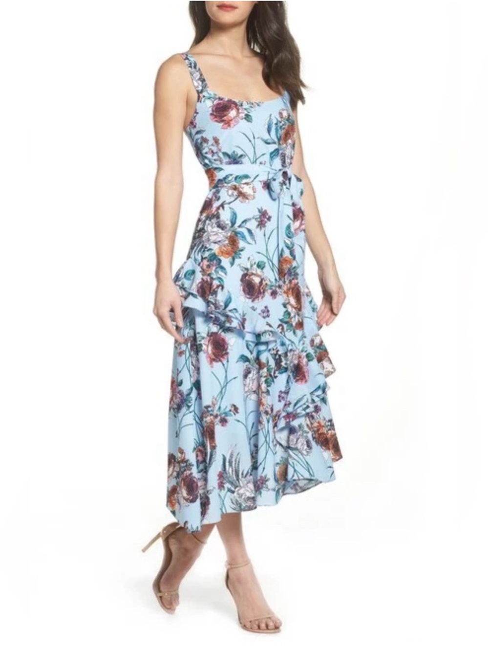 Cooper St Blue Botanical Asymmetric Ruffle Sleeveless  Dress Size 4